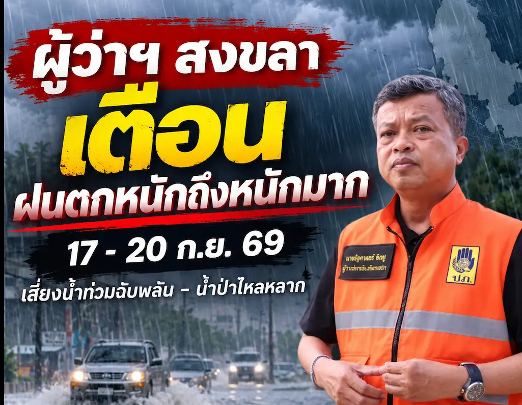 ผู้ว่าฯ สงขลา เตือนรับมือฝนตกหนักถึงหนักมาก 17&ndash;20 ก.ย. เสี่ยงน้ำท่วมฉับพลัน&ndash;น้ำป่าไหลหลาก กำชับพื้นที่เสี่ยงเฝ้าระวัง 24 ชั่วโมง