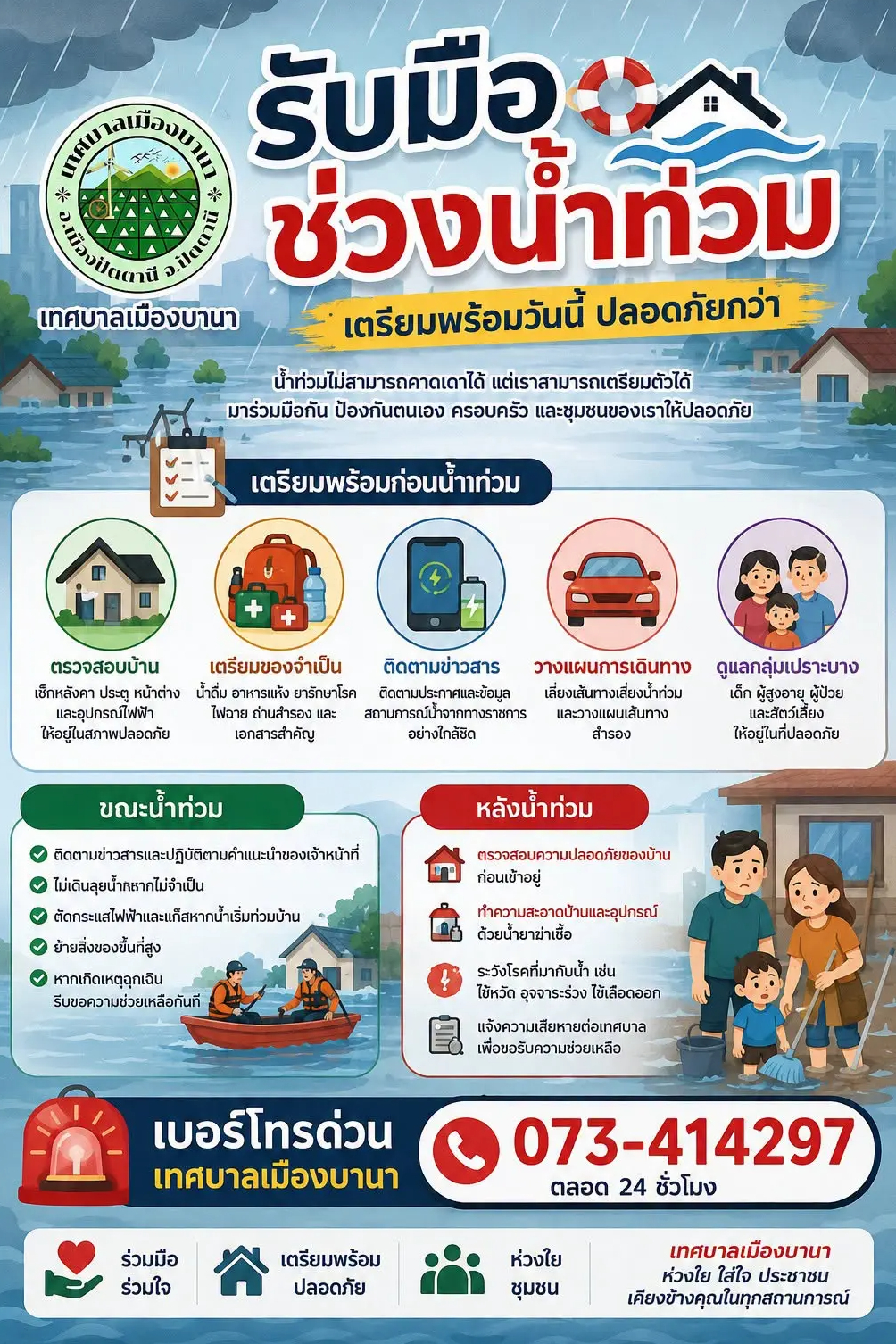 เทศบาลเมืองบานา เตือนรับมือน้ำท่วม! เปิดแนวทางปฏิบัติ พร้อมแจกเบอร์สายด่วน 24 ชม.