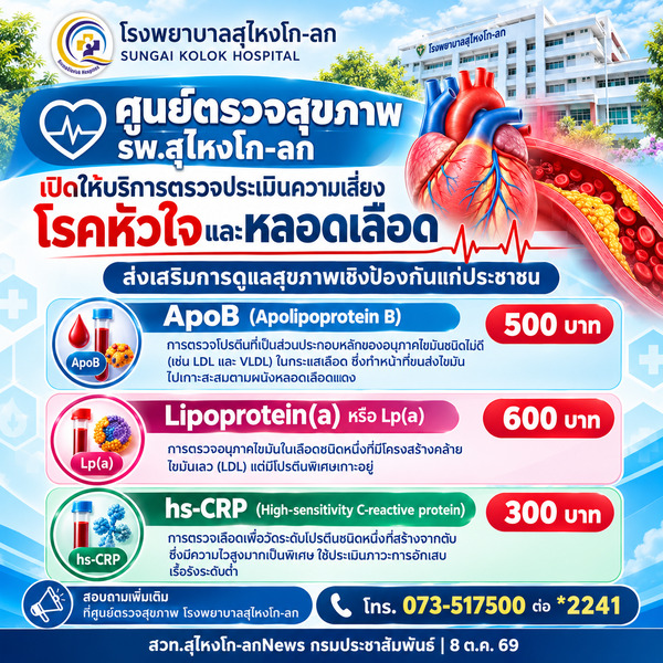 รพ.สุไหงโก-ลก เปิดให้บริการตรวจประเมินความเสี่ยงโรคหัวใจและหลอดเลือด ส่งเสริมการดูแลสุขภาพเชิงป้องกันแก่ประชาชน