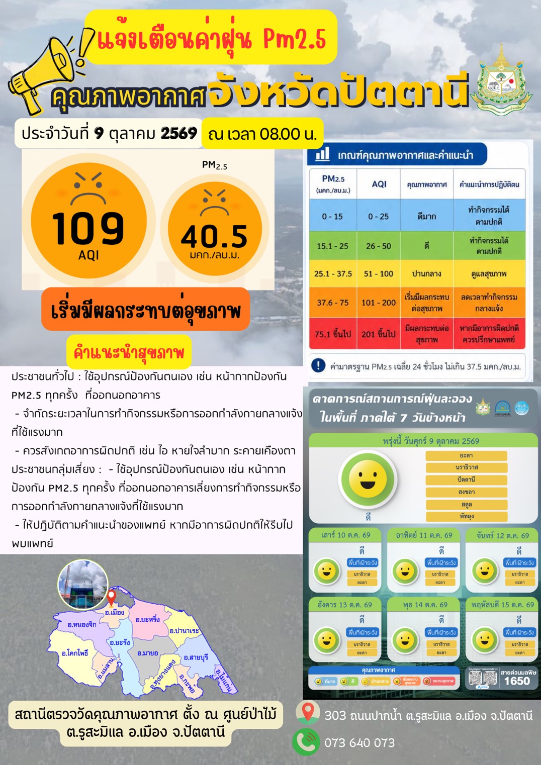 แจ้งเตือนฝุ่น PM2.5 จังหวัดปัตตานีพุ่งสูง เริ่มมีผลกระทบต่อสุขภาพ