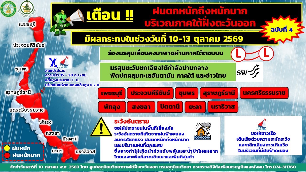 สถานีอุตุนิยมวิทยา เตือนฝนตกหนักช่วงวันที่ 10-13 ตุลาคมนี้ เฝ้าระวังน้ำท่วมฉับพลัน