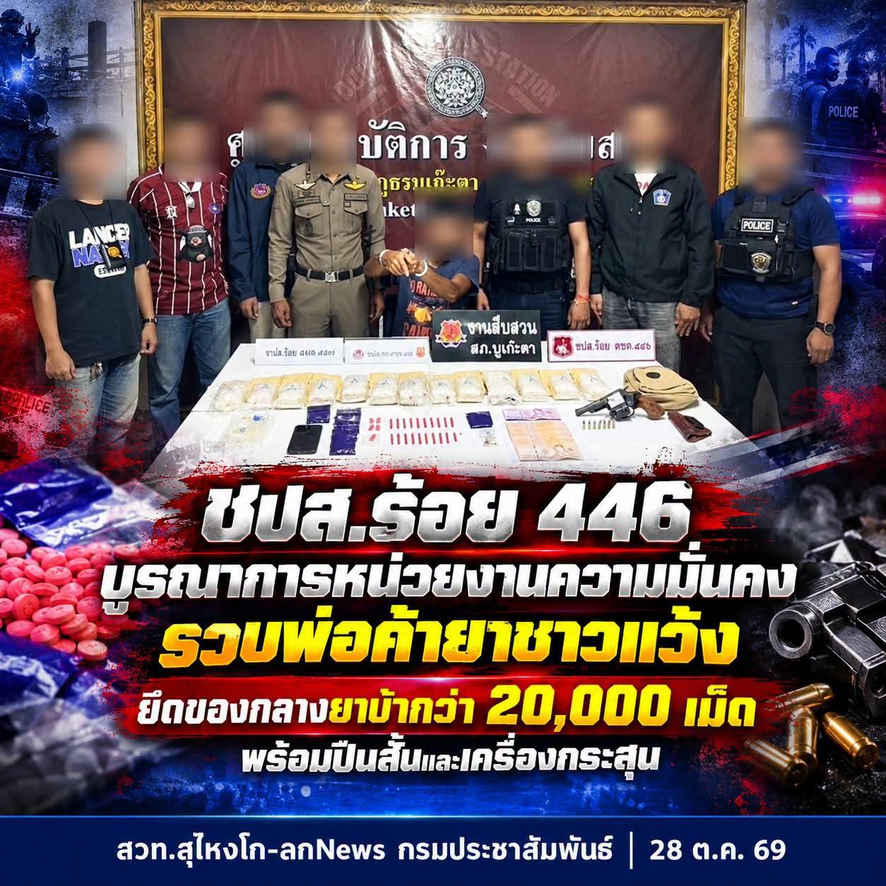 ชปส.ร้อย 446 บูรณาการหน่วยงานความมั่นคง รวบพ่อค้ายาชาวแว้ง ยึดของกลางยาบ้ากว่า 20,000 เม็ด พร้อมปืนสั้นและเครื่องกระสุน  
